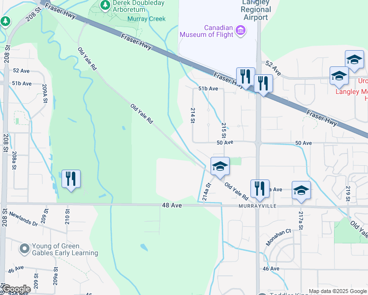 map of restaurants, bars, coffee shops, grocery stores, and more near 21355 Old Yale Road in Langley