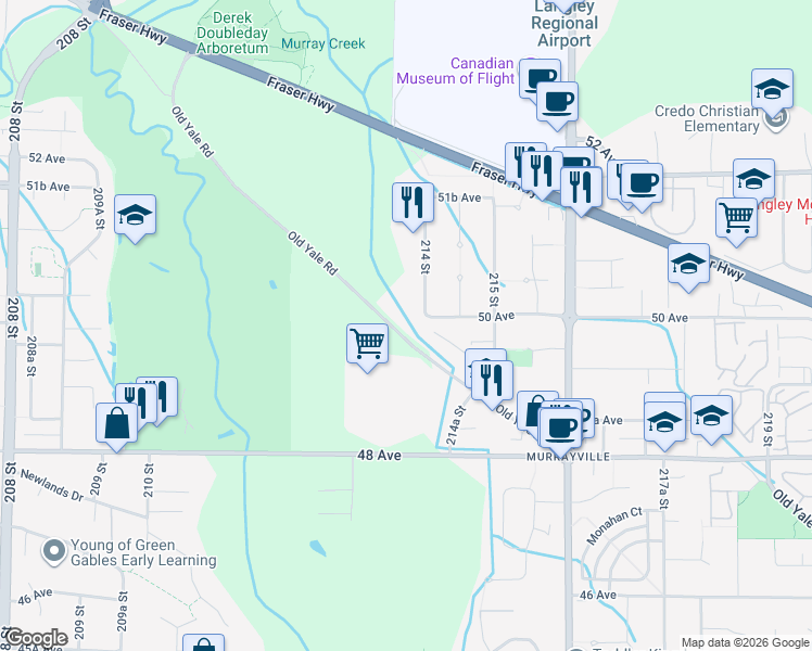 map of restaurants, bars, coffee shops, grocery stores, and more near 5013 214 Street in Langley