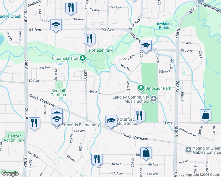 map of restaurants, bars, coffee shops, grocery stores, and more near 20430 50 Avenue in Langley