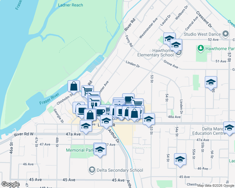map of restaurants, bars, coffee shops, grocery stores, and more near 4952 Fenton Drive in Delta