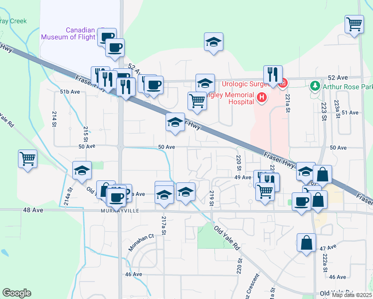 map of restaurants, bars, coffee shops, grocery stores, and more near 21848 50 Avenue in Langley City