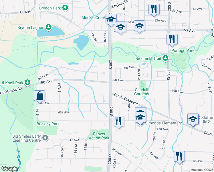 map of restaurants, bars, coffee shops, grocery stores, and more near 4981 200 Street in Langley