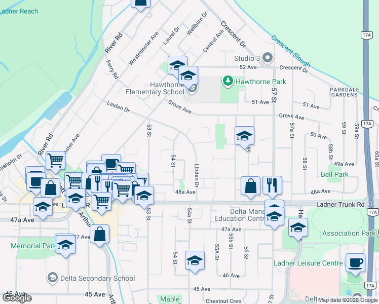 map of restaurants, bars, coffee shops, grocery stores, and more near 4959 Linden Drive in Delta