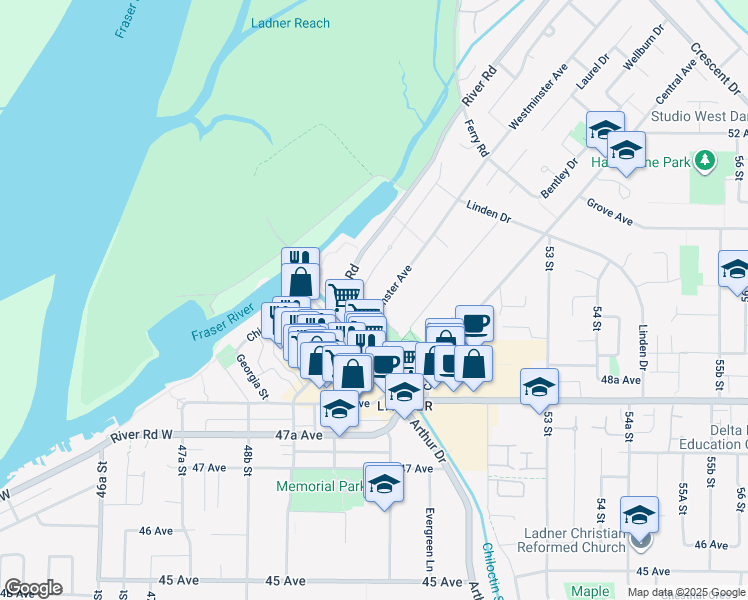 map of restaurants, bars, coffee shops, grocery stores, and more near 4949 Westminster Avenue in Delta