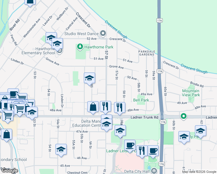 map of restaurants, bars, coffee shops, grocery stores, and more near 5716 49B Avenue in Delta