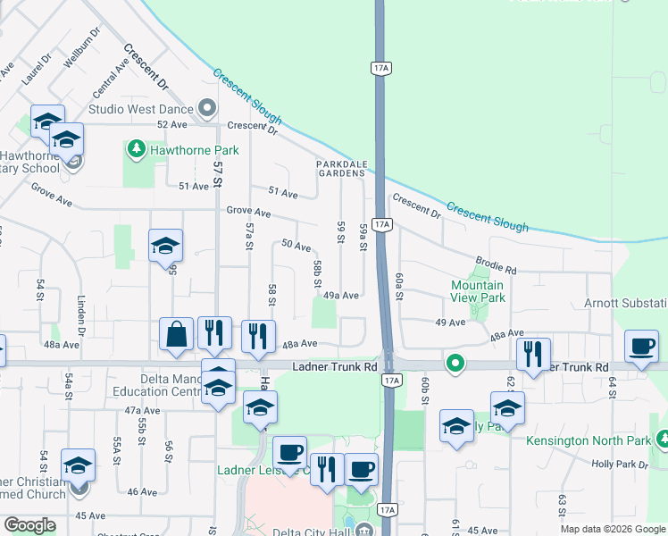 map of restaurants, bars, coffee shops, grocery stores, and more near 4967 59 Street in Delta