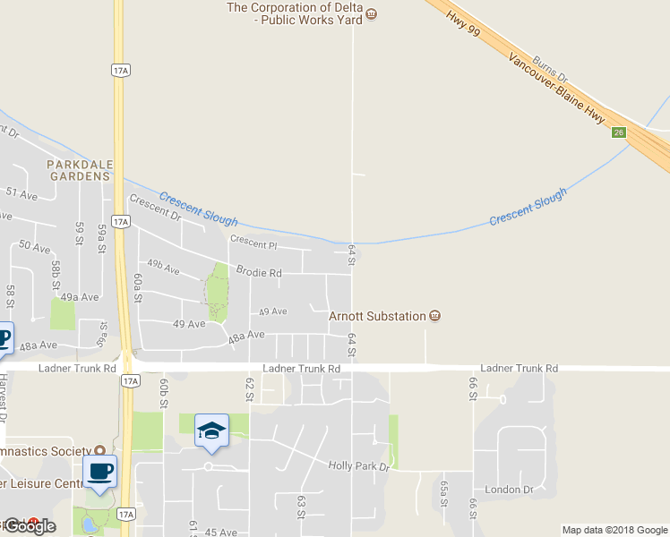 map of restaurants, bars, coffee shops, grocery stores, and more near 6398 Crescent Court in Delta