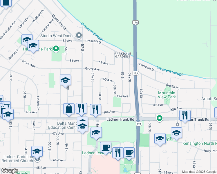 map of restaurants, bars, coffee shops, grocery stores, and more near 4960 Coleman Place in Delta