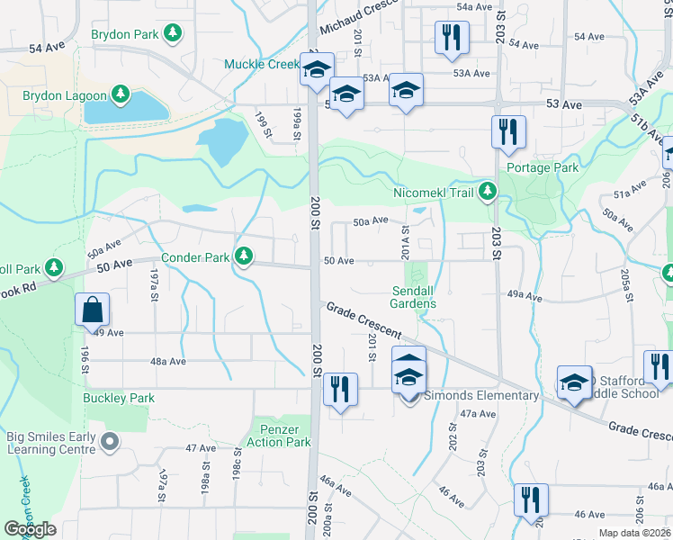 map of restaurants, bars, coffee shops, grocery stores, and more near 20040 50 Avenue in Langley