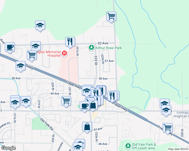 map of restaurants, bars, coffee shops, grocery stores, and more near 5017 223 Street in Langley