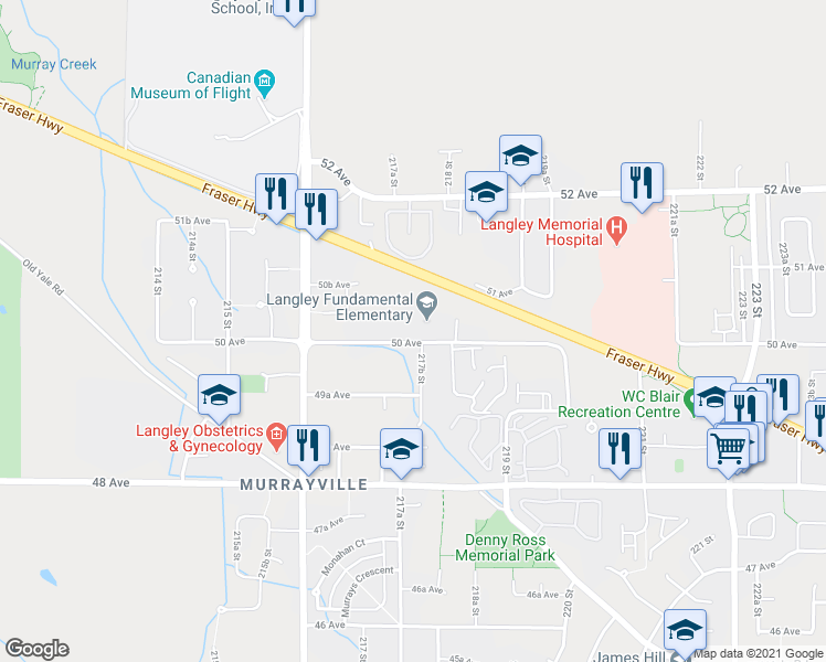 map of restaurants, bars, coffee shops, grocery stores, and more near 21699 50 Avenue in Langley