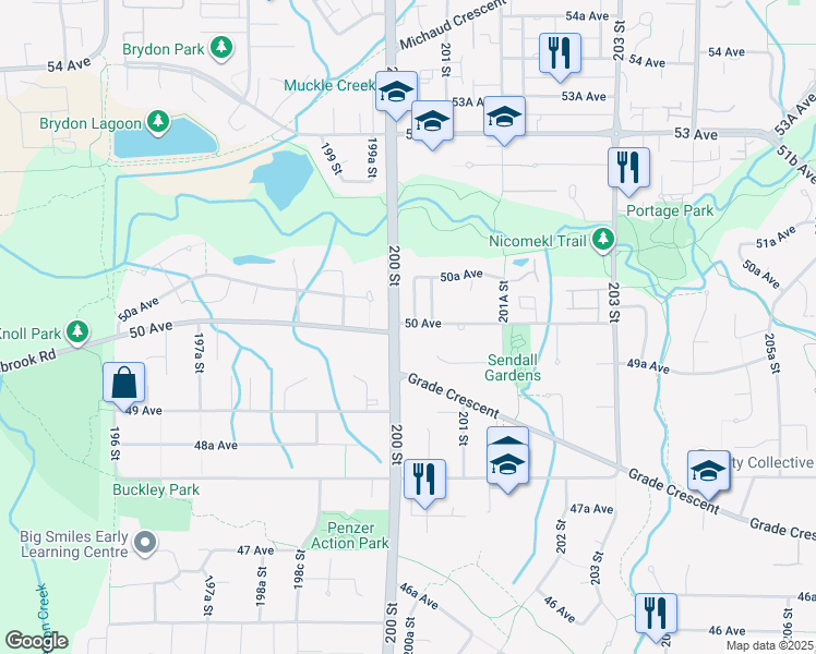 map of restaurants, bars, coffee shops, grocery stores, and more near 20010 50 Avenue in Langley