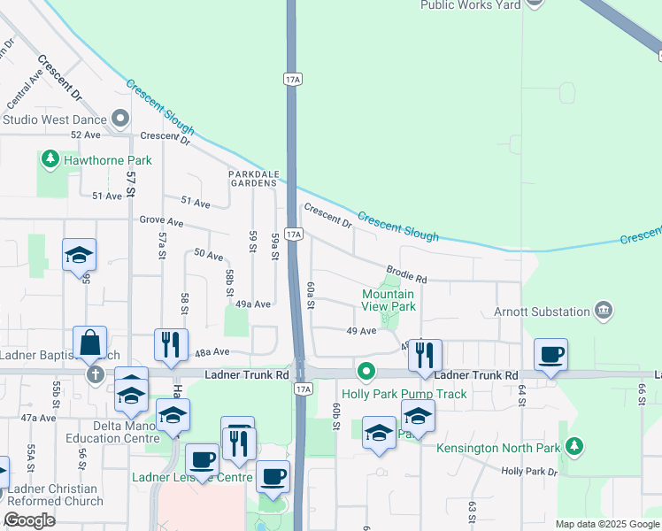 map of restaurants, bars, coffee shops, grocery stores, and more near 6059 49B Avenue in Delta
