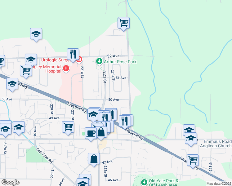 map of restaurants, bars, coffee shops, grocery stores, and more near 5040 223B Street in Langley