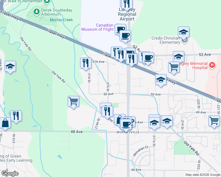 map of restaurants, bars, coffee shops, grocery stores, and more near 5020 215 Street in Langley