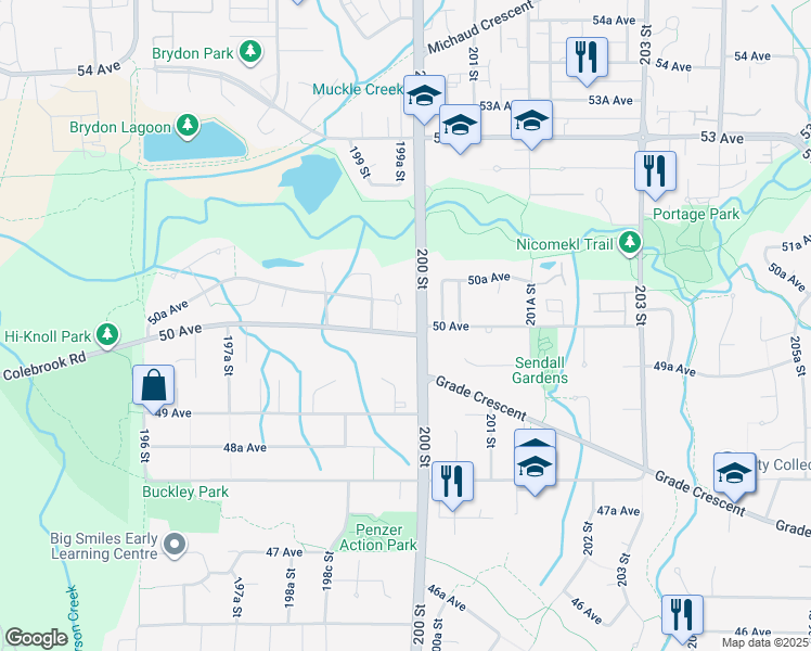 map of restaurants, bars, coffee shops, grocery stores, and more near 19997 50 Avenue in Langley