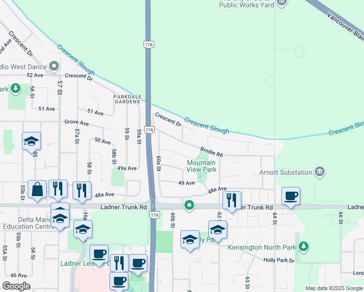 map of restaurants, bars, coffee shops, grocery stores, and more near 6098 Brodie Road in Delta