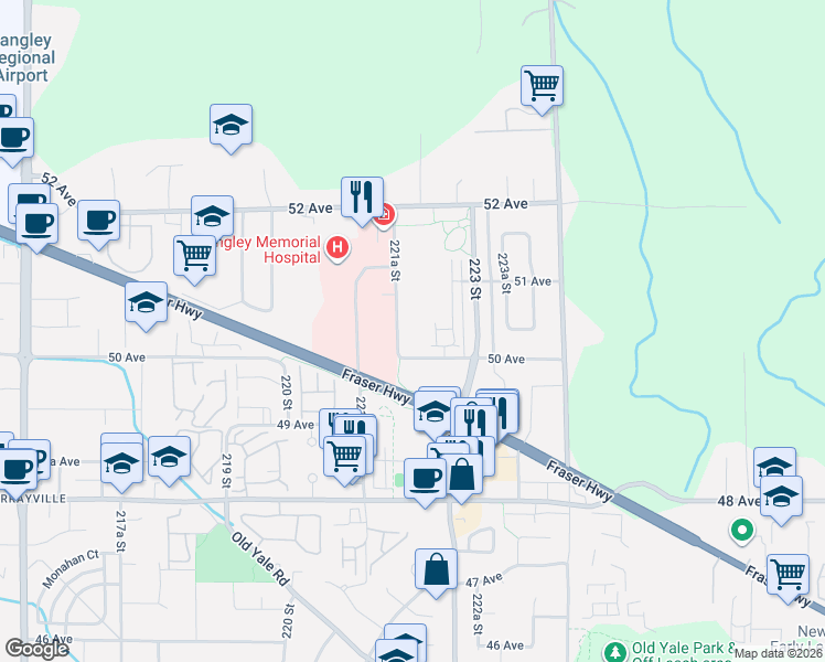 map of restaurants, bars, coffee shops, grocery stores, and more near 5020 221A Street in Langley Township