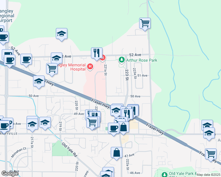 map of restaurants, bars, coffee shops, grocery stores, and more near 5020 221A Street in Langley Township