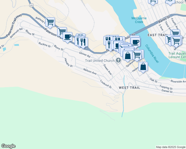 map of restaurants, bars, coffee shops, grocery stores, and more near 1150 Nelson Avenue in Trail