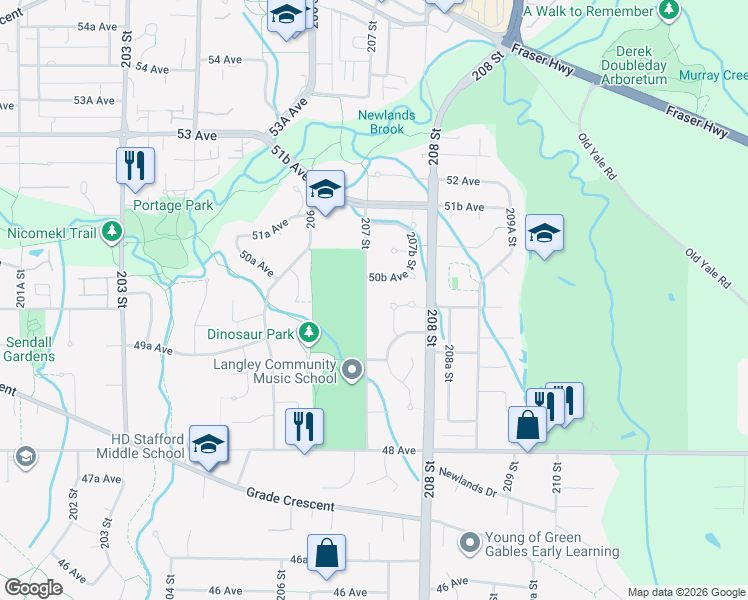 map of restaurants, bars, coffee shops, grocery stores, and more near 5054 207 Street in Langley