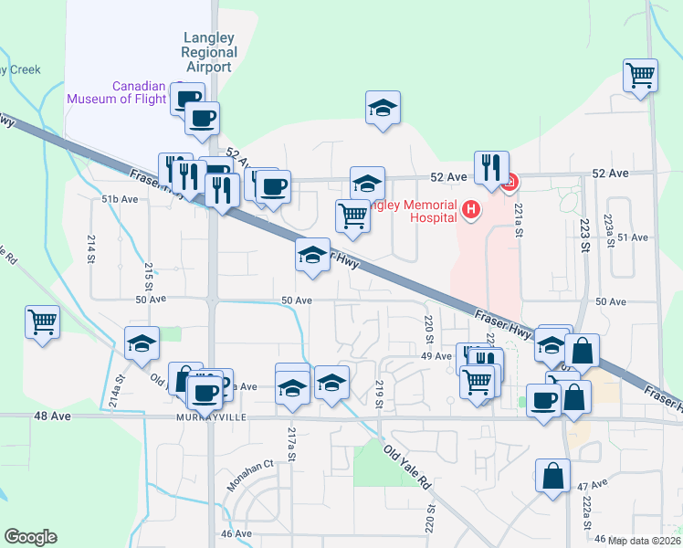 map of restaurants, bars, coffee shops, grocery stores, and more near 21867 50 Avenue in Langley Township