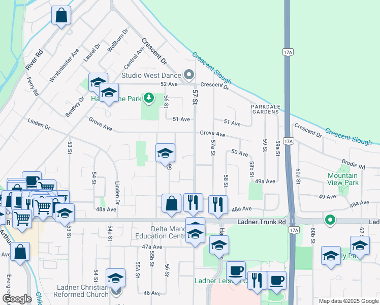 map of restaurants, bars, coffee shops, grocery stores, and more near 5001 57 Street in Delta