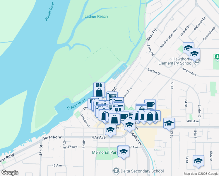 map of restaurants, bars, coffee shops, grocery stores, and more near 5000 Elliott Street in Delta