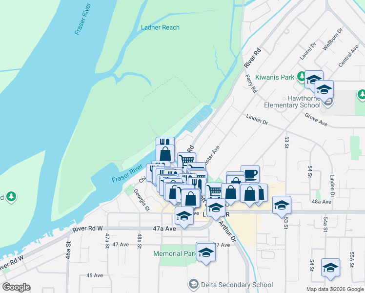 map of restaurants, bars, coffee shops, grocery stores, and more near 4955 River Road West in Delta