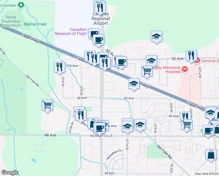 map of restaurants, bars, coffee shops, grocery stores, and more near 21647 50A Avenue in Langley