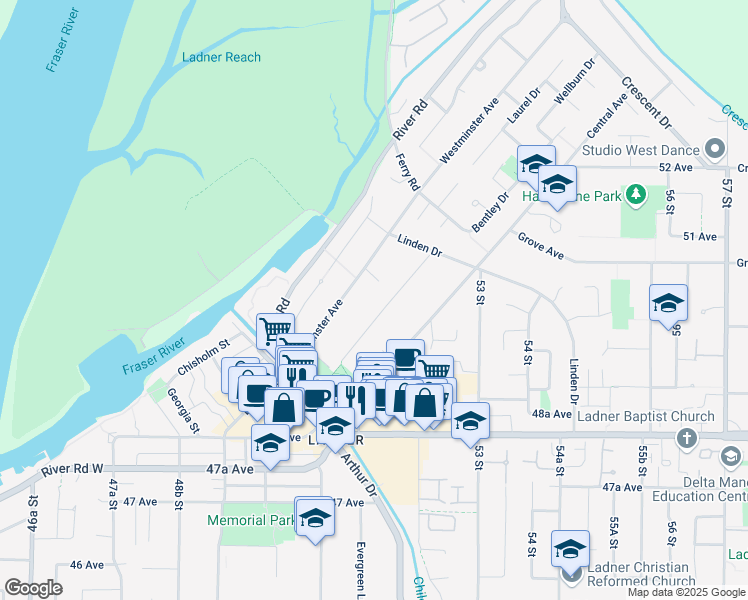 map of restaurants, bars, coffee shops, grocery stores, and more near 5001 Fenton Drive in Delta