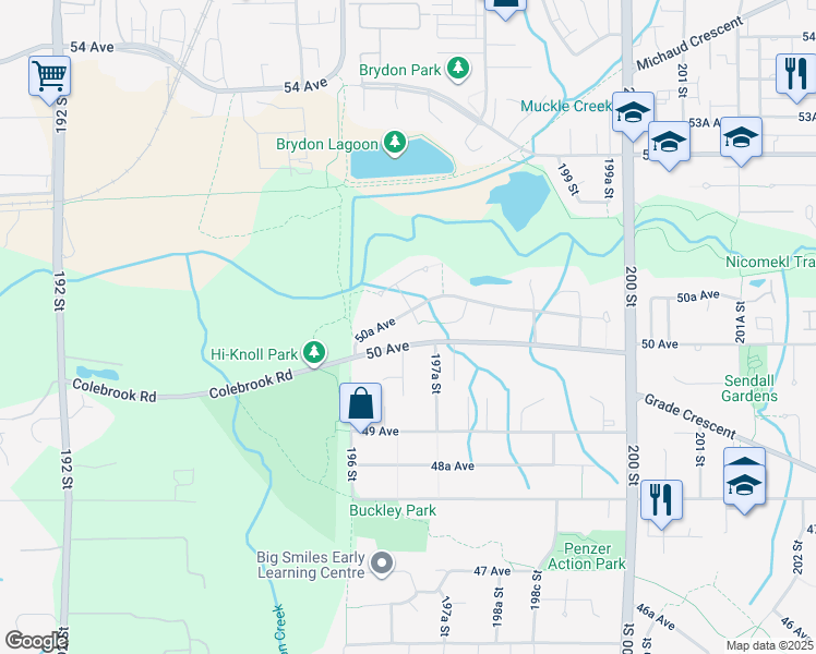 map of restaurants, bars, coffee shops, grocery stores, and more near 5021 197 Street in Langley