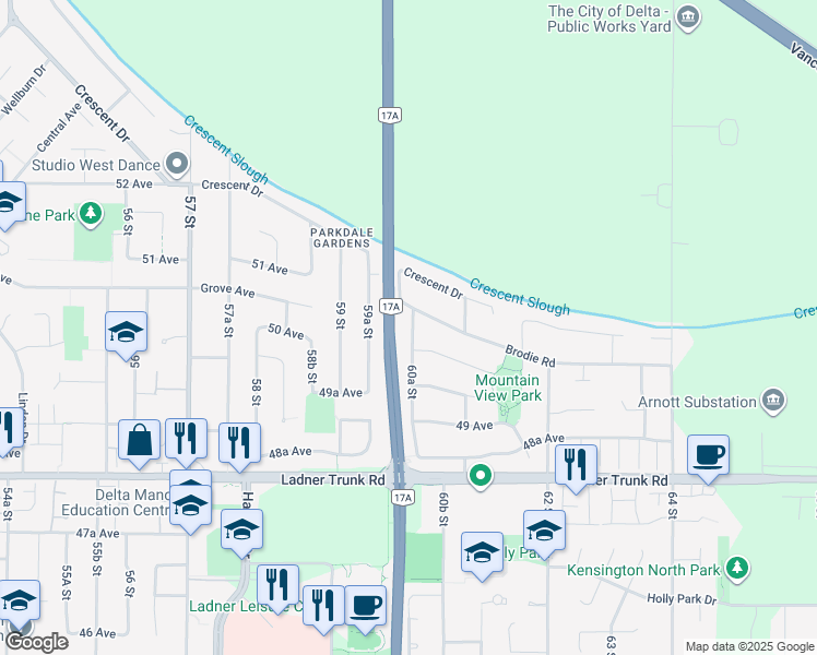 map of restaurants, bars, coffee shops, grocery stores, and more near 5017 60A Street in Delta