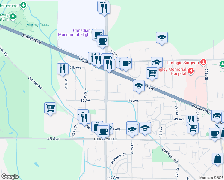 map of restaurants, bars, coffee shops, grocery stores, and more near 21643 50A Avenue in Langley