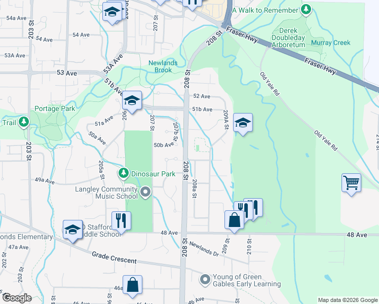 map of restaurants, bars, coffee shops, grocery stores, and more near 5040 208 Street in Langley