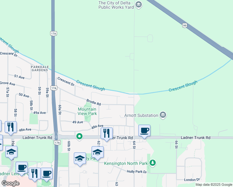 map of restaurants, bars, coffee shops, grocery stores, and more near 6307 Crescent Place in Delta
