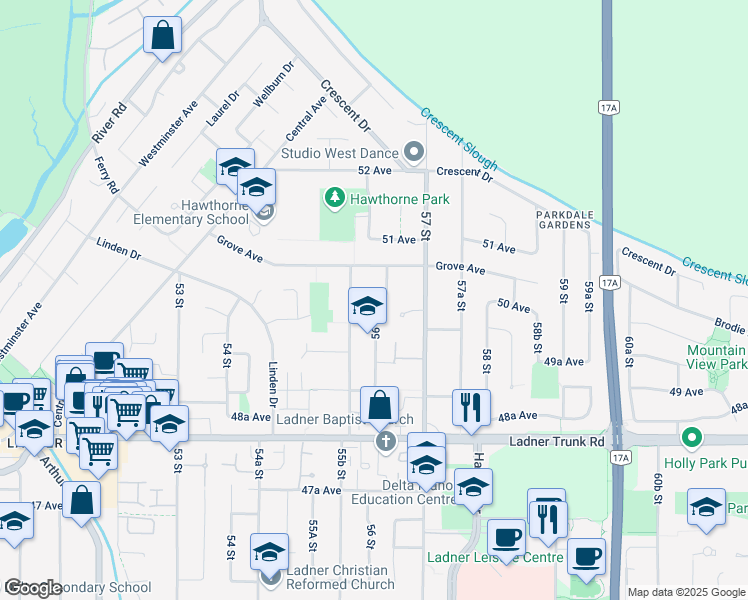 map of restaurants, bars, coffee shops, grocery stores, and more near 5023 56 Street in Delta