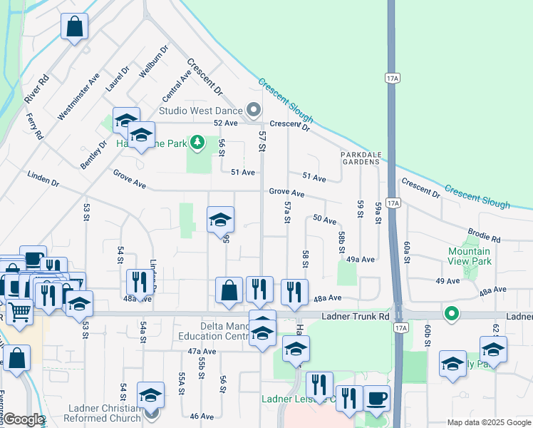 map of restaurants, bars, coffee shops, grocery stores, and more near 5018 57 Street in Delta