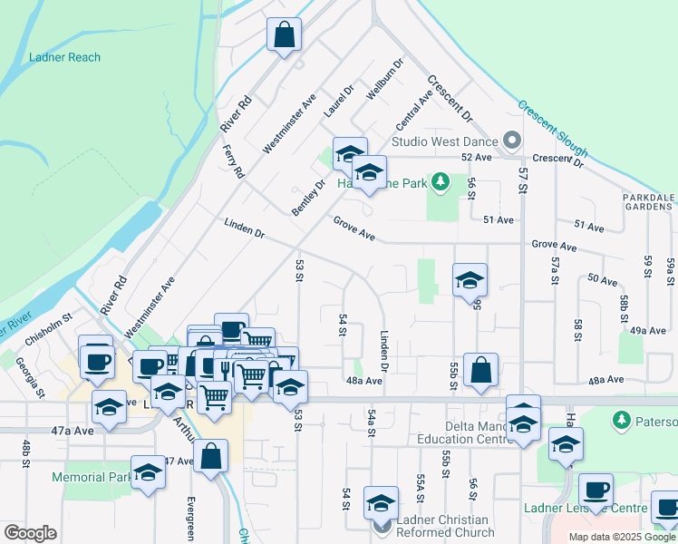 map of restaurants, bars, coffee shops, grocery stores, and more near 5007 Linden Drive in Delta