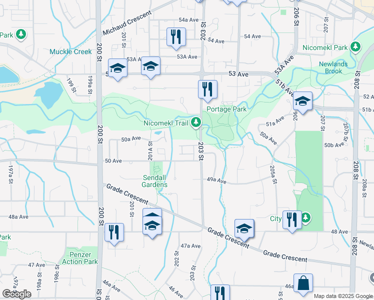 map of restaurants, bars, coffee shops, grocery stores, and more near 5051 203 Street in Langley