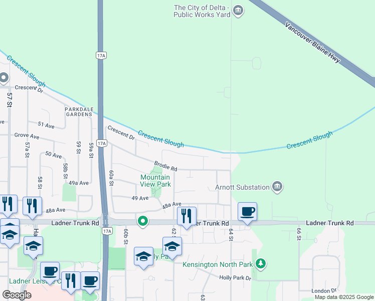 map of restaurants, bars, coffee shops, grocery stores, and more near 6247 Crescent Place in Delta