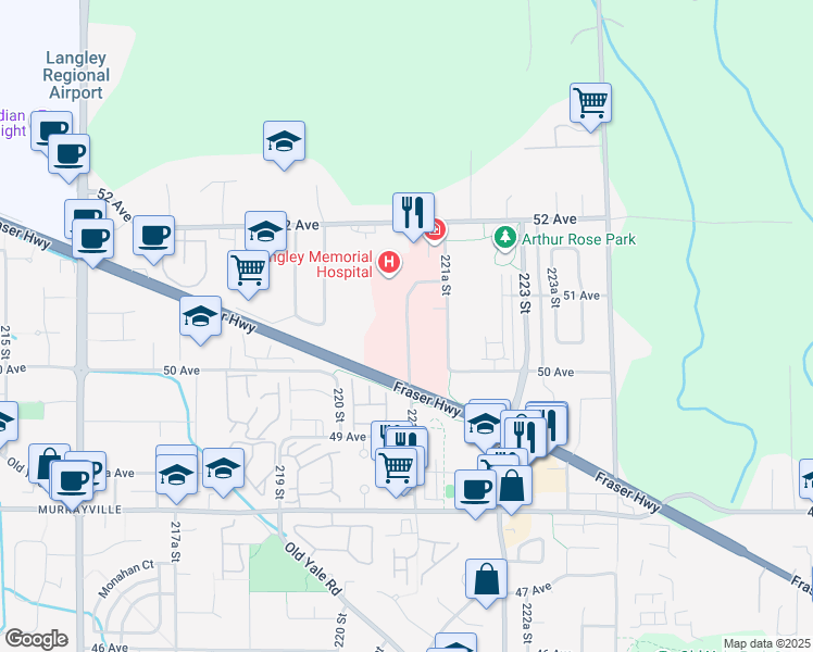 map of restaurants, bars, coffee shops, grocery stores, and more near 22051 Fraser Highway in Langley