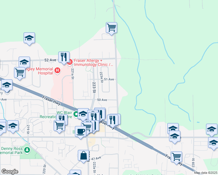 map of restaurants, bars, coffee shops, grocery stores, and more near 5077 223B Street in Langley