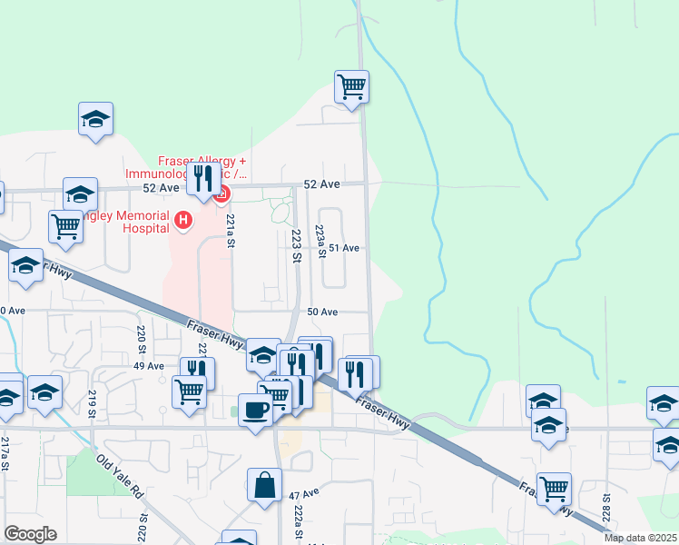 map of restaurants, bars, coffee shops, grocery stores, and more near 5077 223B Street in Langley