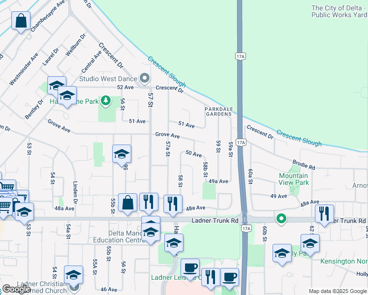 map of restaurants, bars, coffee shops, grocery stores, and more near 5815 50 Avenue in Delta