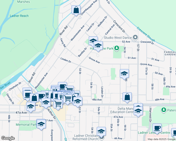 map of restaurants, bars, coffee shops, grocery stores, and more near 5019 Linden Drive in Delta