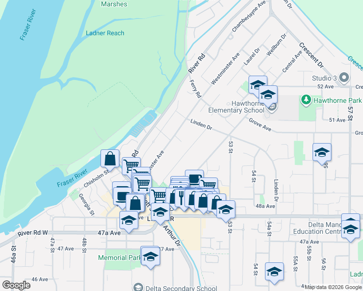 map of restaurants, bars, coffee shops, grocery stores, and more near 5131 Westminster Court in Delta