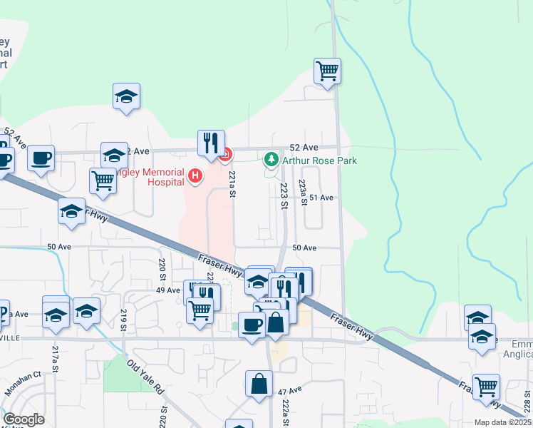 map of restaurants, bars, coffee shops, grocery stores, and more near 22225 50 Avenue in Langley Township