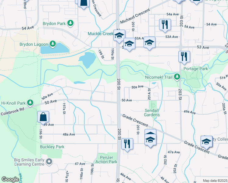 map of restaurants, bars, coffee shops, grocery stores, and more near 19995 50A Avenue in Langley