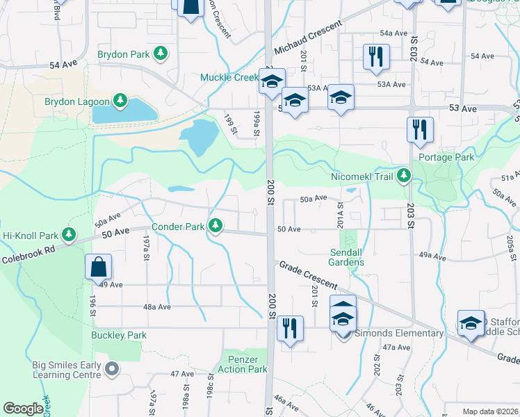 map of restaurants, bars, coffee shops, grocery stores, and more near 19995 50A Avenue in Langley